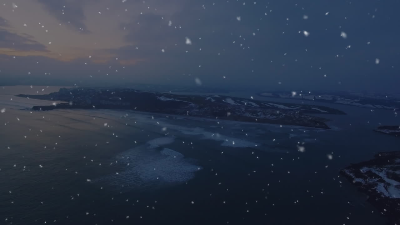 해양 풍경 위에 눈이 내리는 애니메이션