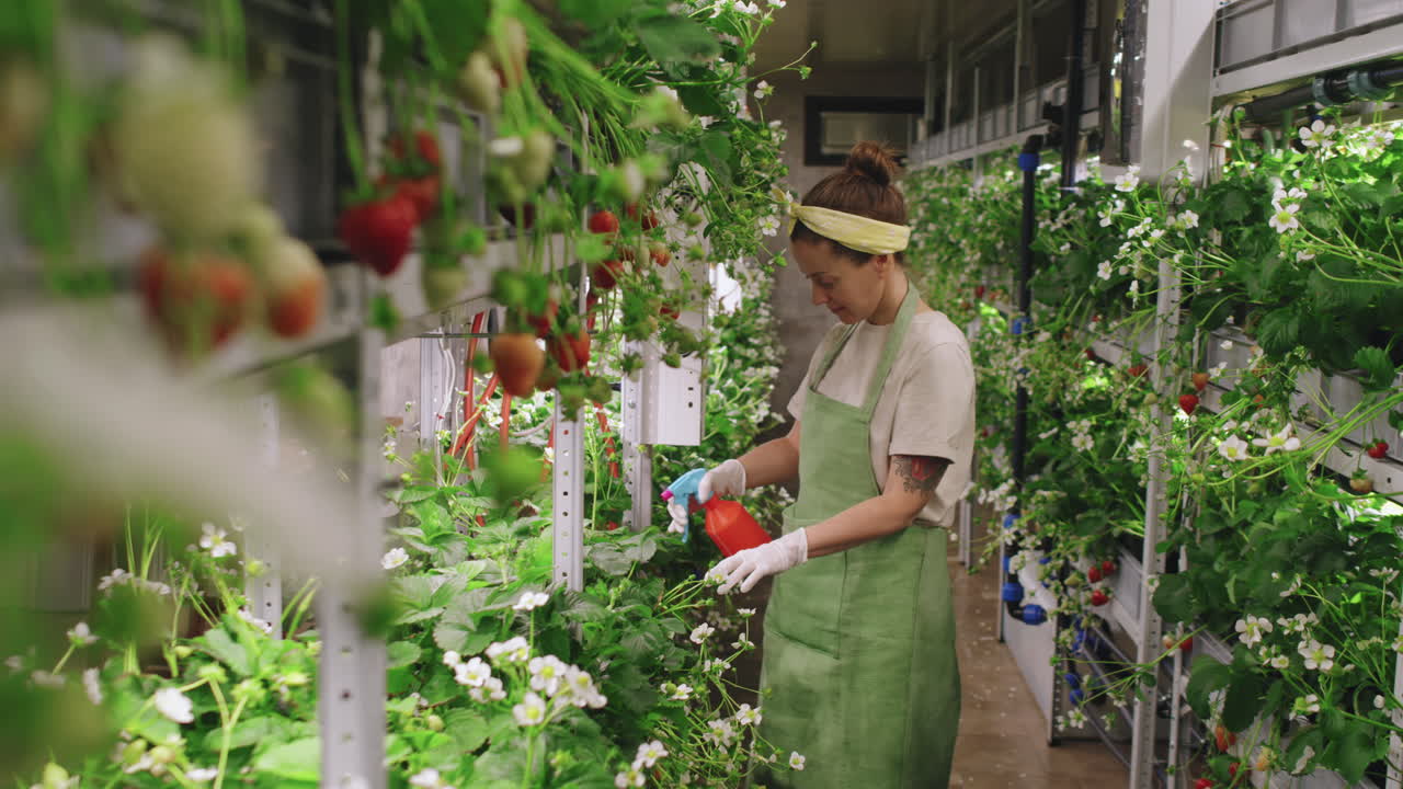 A woman tending to strawberries in an indoor hydroponic garden