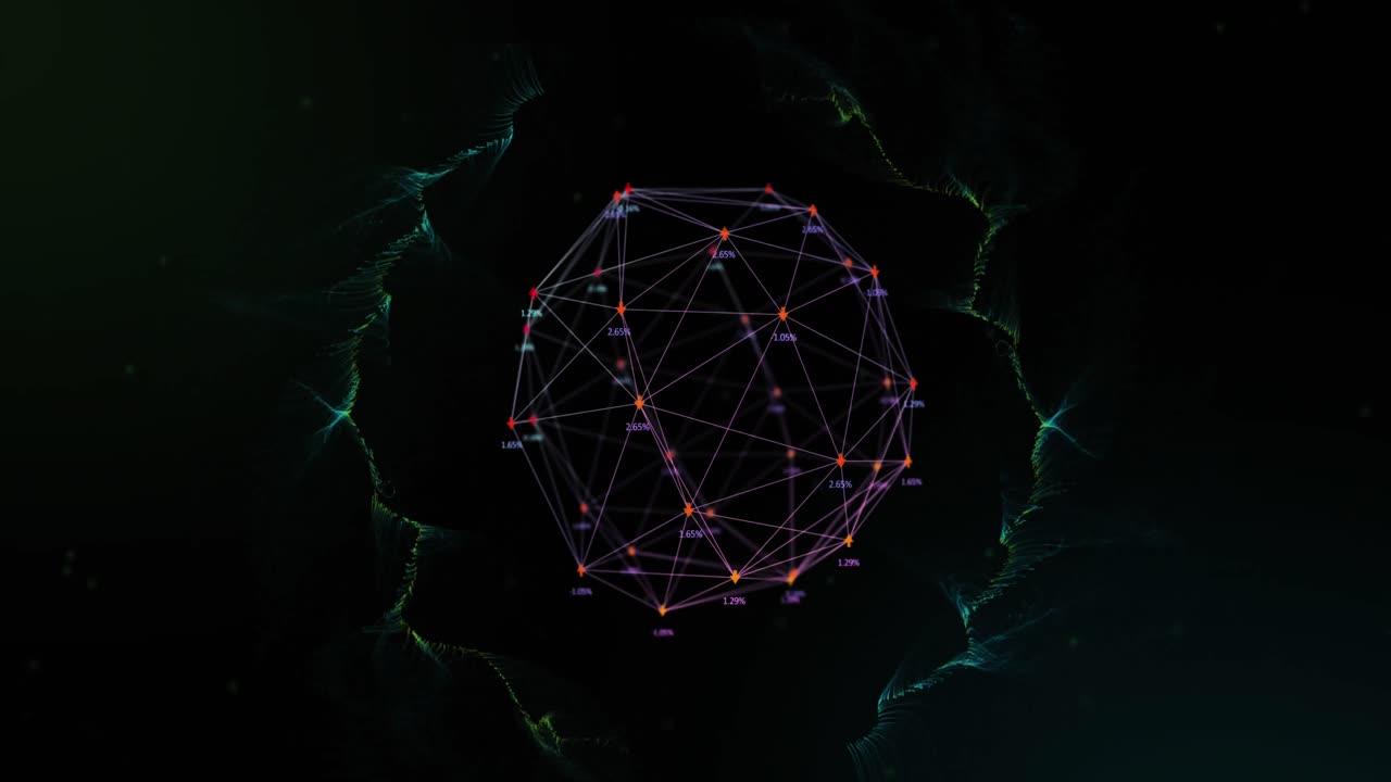 Animation of globe of network of connections spinning with green light trails over black background