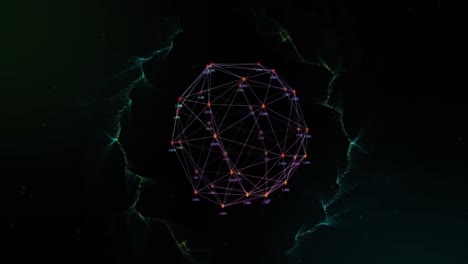Animation-of-globe-of-network-of-connections-spinning-with-green-light-trails-over-black-background