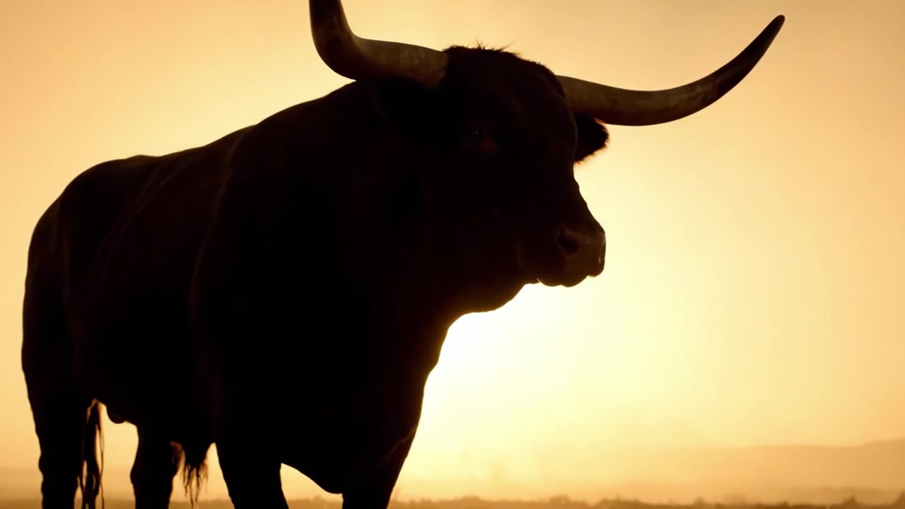Un toro maestoso, sagomato contro un cielo crepuscolare, passeggia attraverso un paesaggio arido, catturando l'essenza della resilienza e della bellezza naturale nella serenità del crepuscolo.