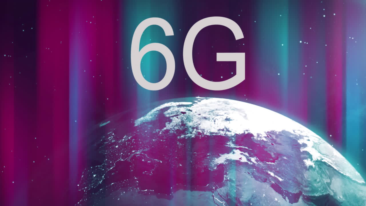 animación de texto plateado 6g, con globo giratorio y haces de luz rojos y verdes