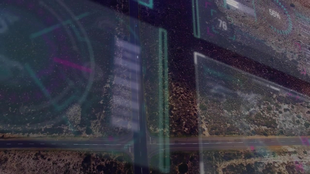 Light vehicle starting to move on vertical road, HUD panels sliding and flickering showing nav data