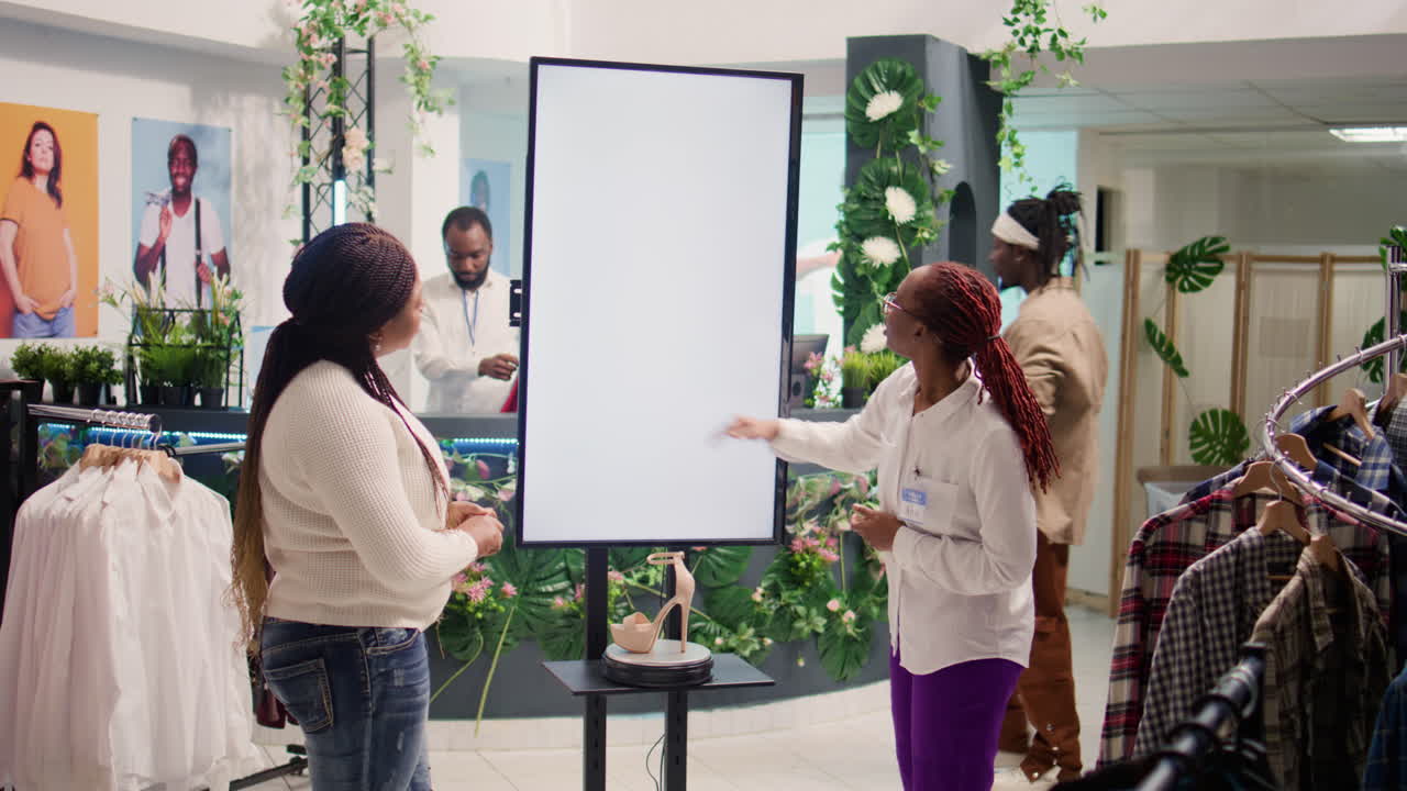 사무관 과 여자 는 키오스크 에 있는 옷 을 살펴본다