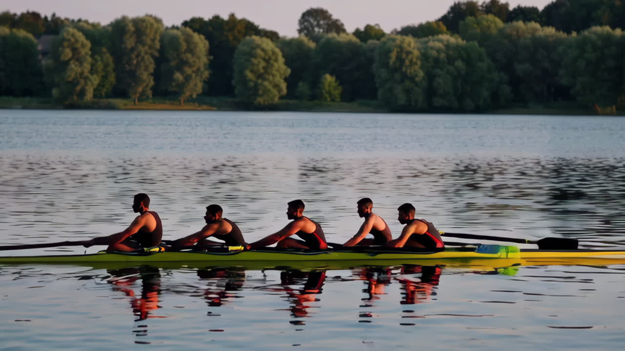 Rowing Competition on a Lake at Sunset