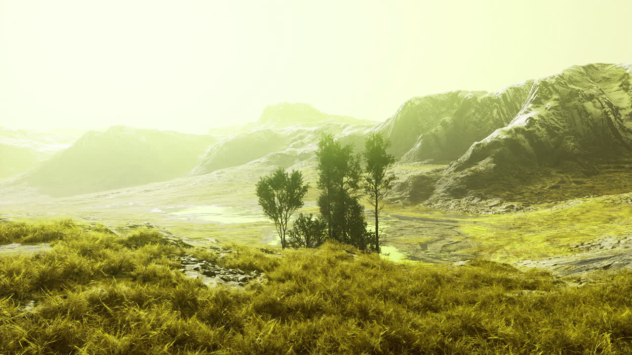 Serene landscape with mountains and trees under a soft yellow light