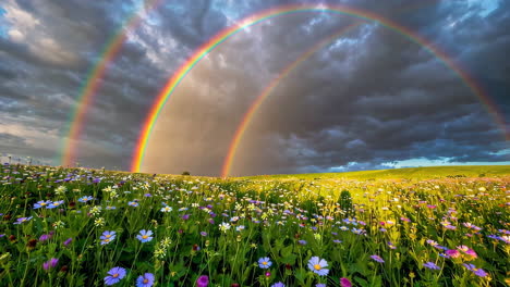 double rainbow over a colorful meadow