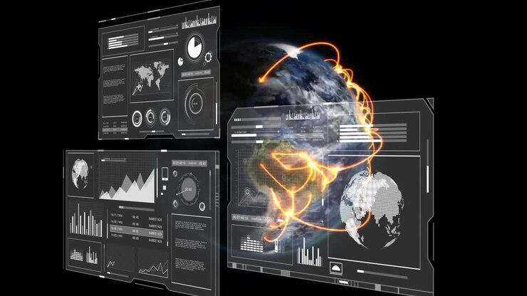 Animation of data processing and statistics on screens over globe