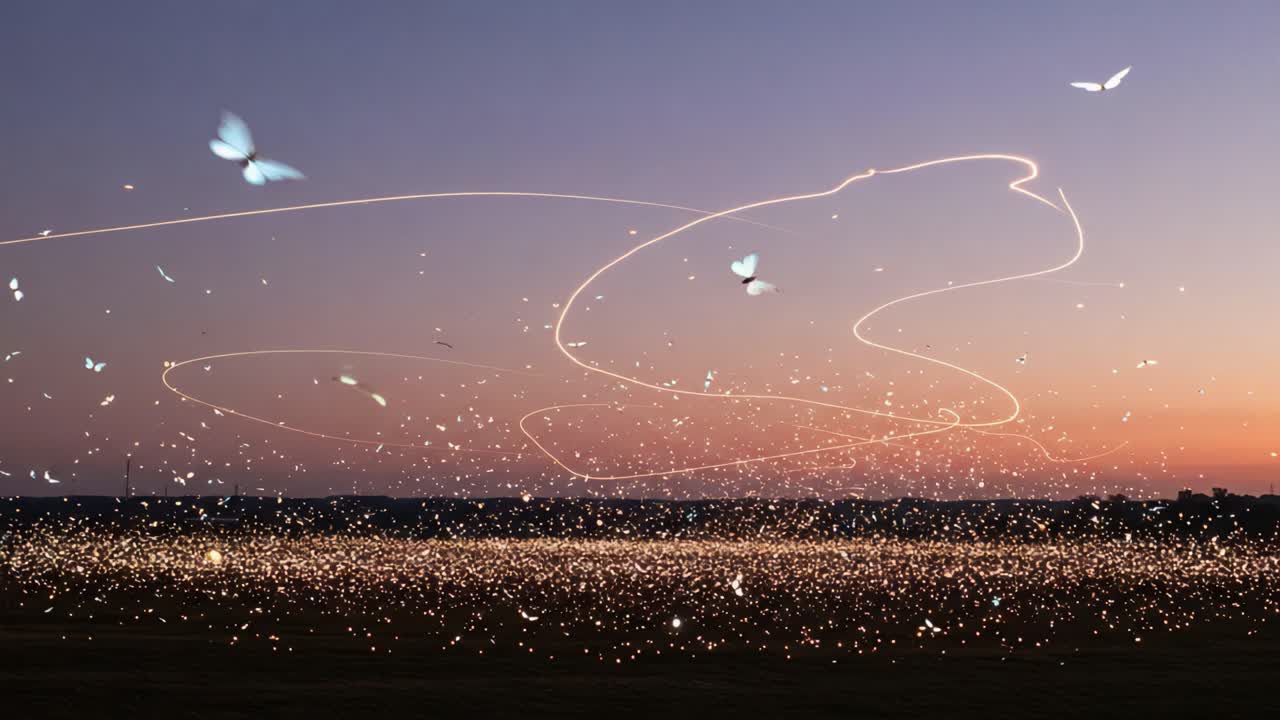 A Stunning Display of Ethereal Lights and Butterflies Dancing Across a Twilight Sky, Capturing the Magic of Nature's Evening Palette Against a Serene Backdrop