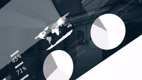 animation of abstract geometric shapes and data charts in industrial warehouse setting