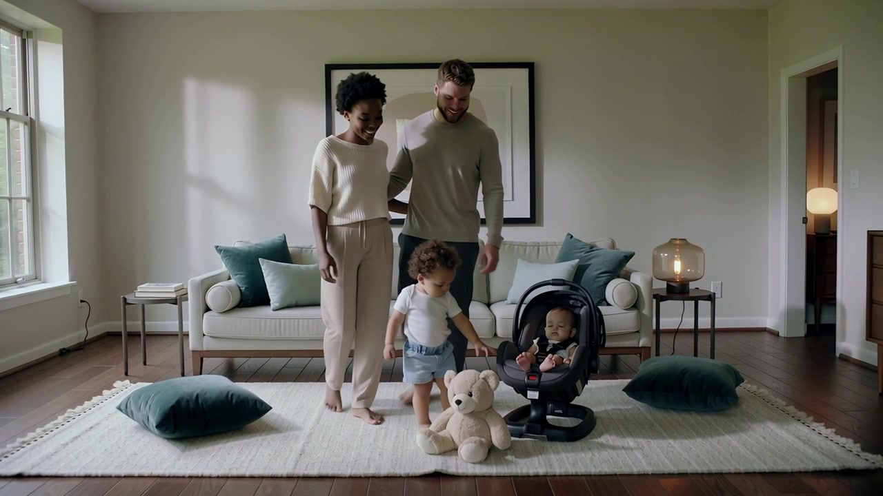 Reaching toddler stepping on rug toward teddy bear, parents supervising infant in car seat