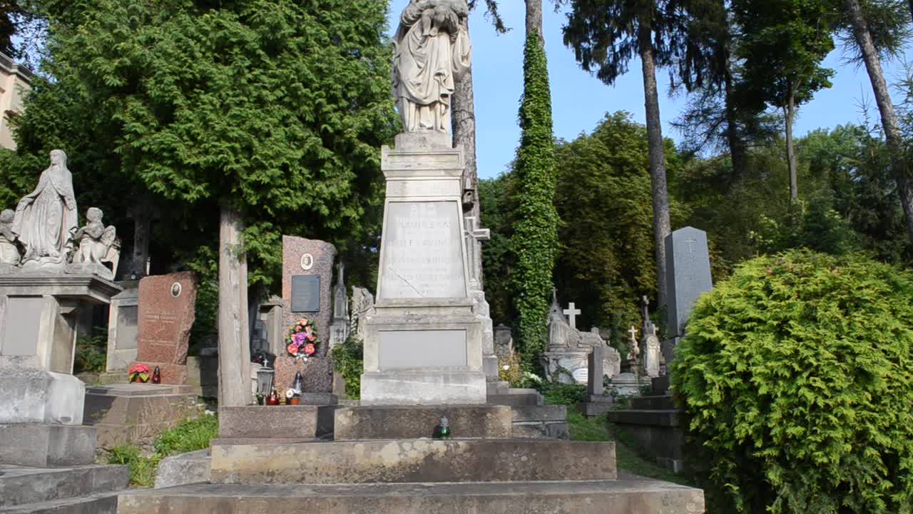 La donna con il bambino contro il bosco. Leopoli, Ucraina. Il cimitero di Lychakiv, complesso storico e commemorativo (dal 1991) a Leopoli nel quartiere storico di Lychakiv, uno dei cimiteri più antichi dell'Ucraina