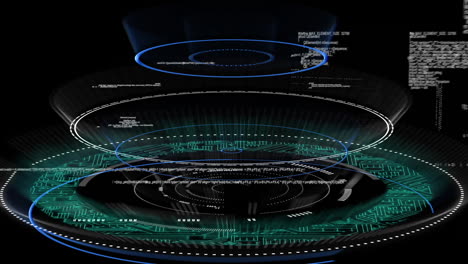 animation of circular safe lock, with circuit board and data processing, on black