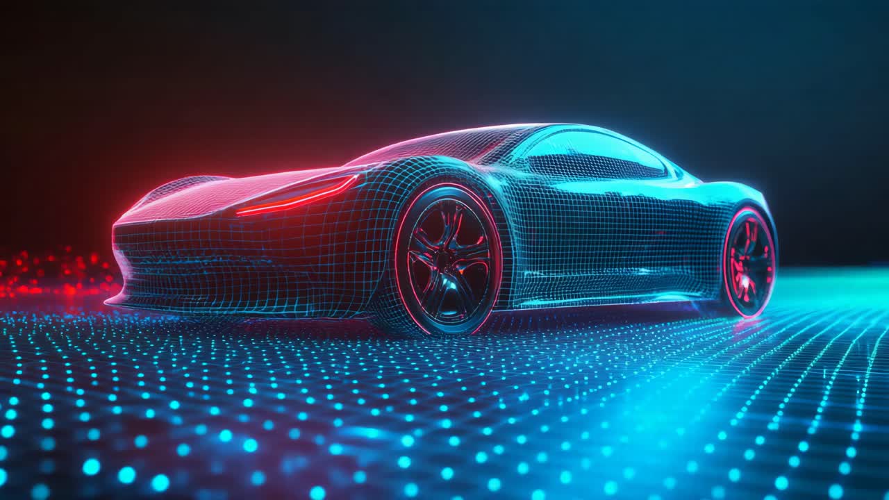 Futuristic Wireframe Car on Digital Grid