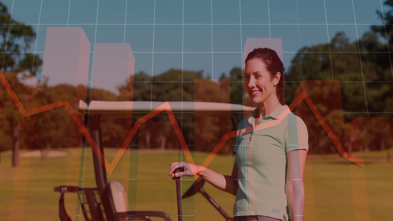 With golf stats graphs appearing for analysis on fairway, woman holding golf cart turning smiling