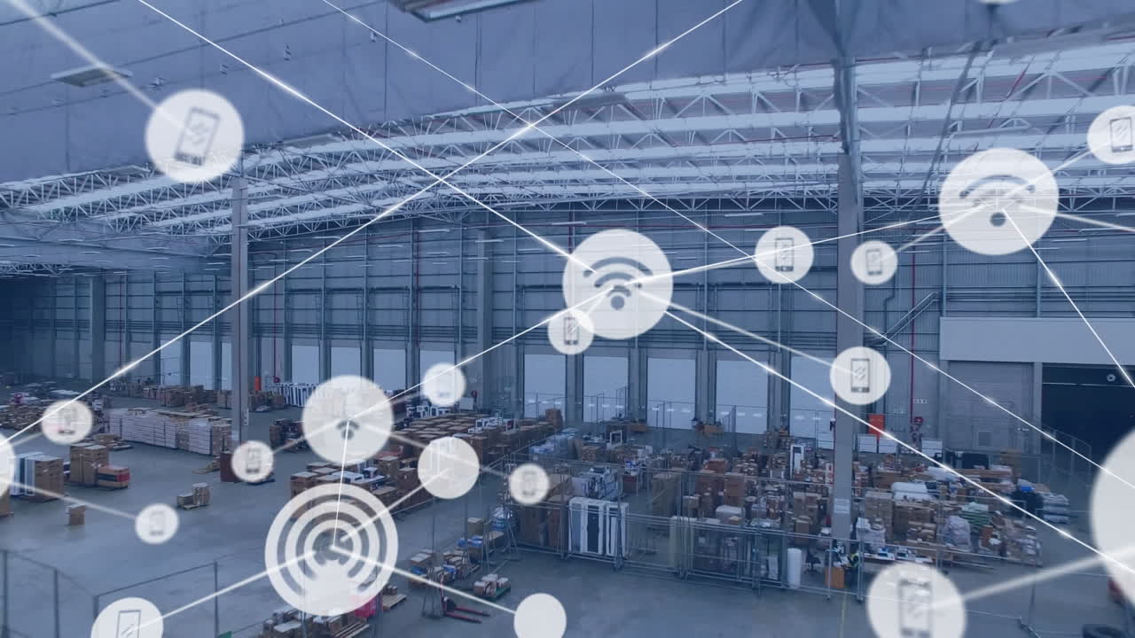 Animation of network of digital icons against aerial view of warehouse