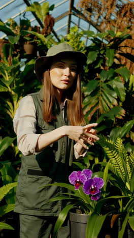 woman gardener inspecting orchids in a greenhouse