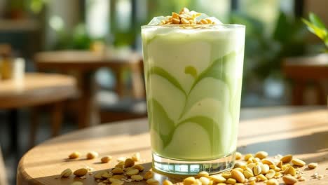 refreshing green beverage served in a clear glass, topped with whipped cream and nuts, placed on a wooden table surrounded by soft natural light, creating a warm and inviting atmosphere