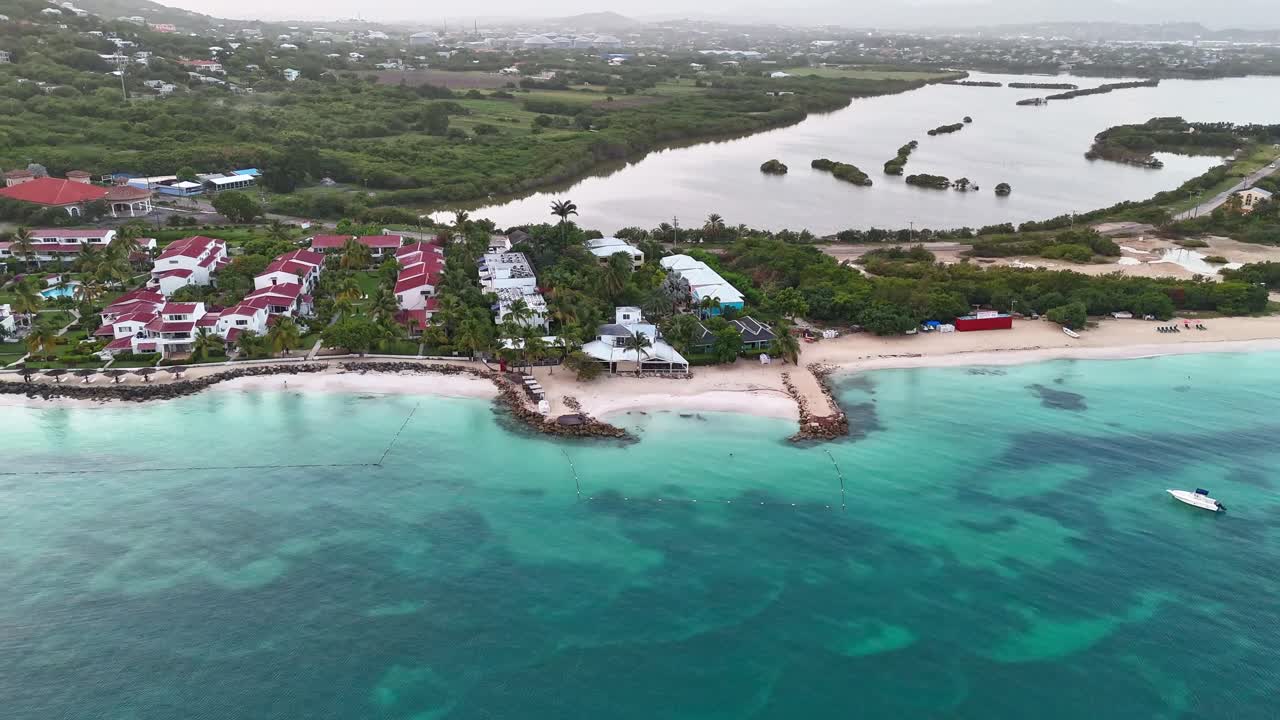 Dickenson Bay Neighborhood On The Northwestern Coast In Antigua And Barbuda. Aerial Hyperlapse Shot