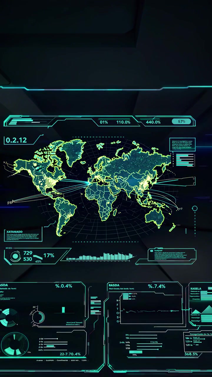 Animated Futuristic HUD Display with World Map and Data Analysis