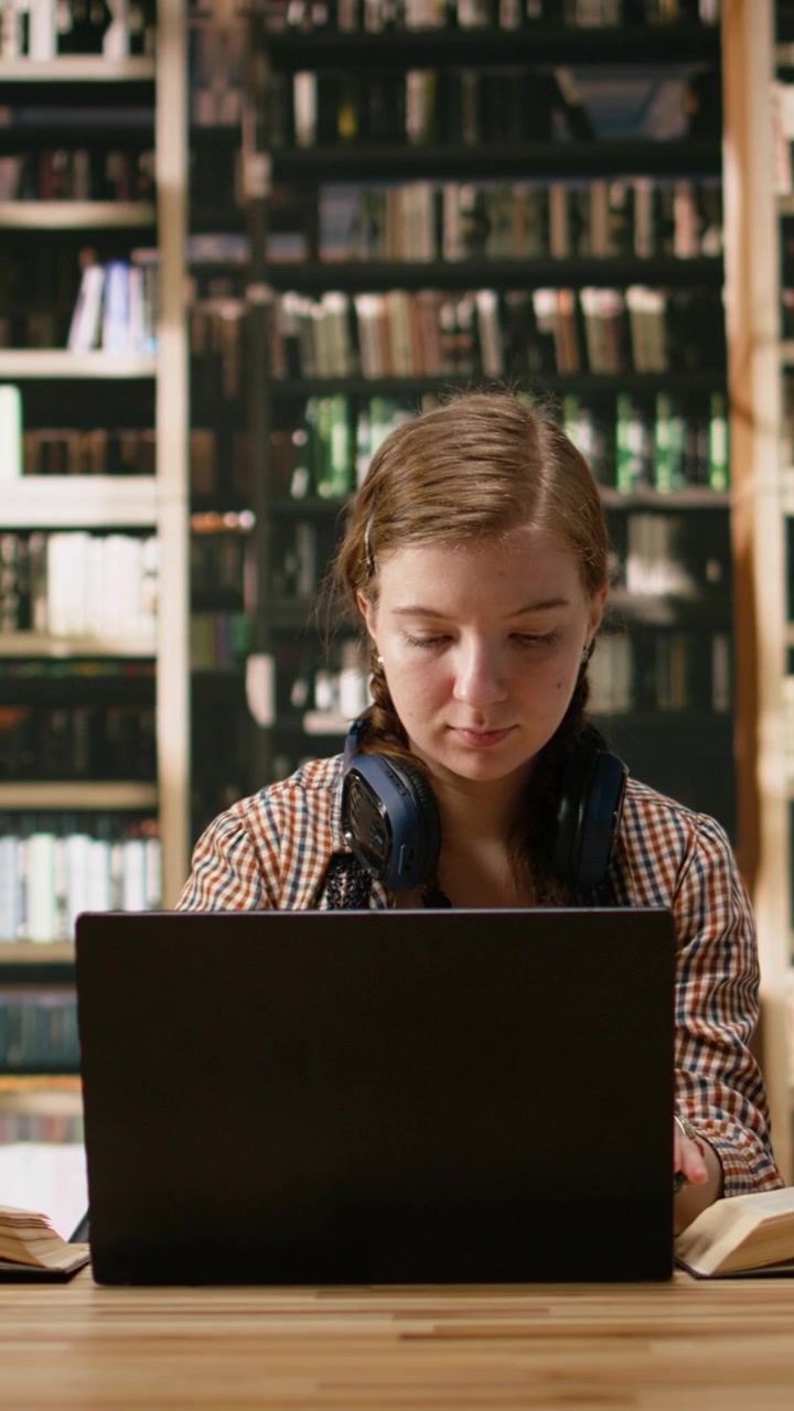 Vertikal video: Ung kvinnelig student med hodetelefoner rundt halsen tar notater