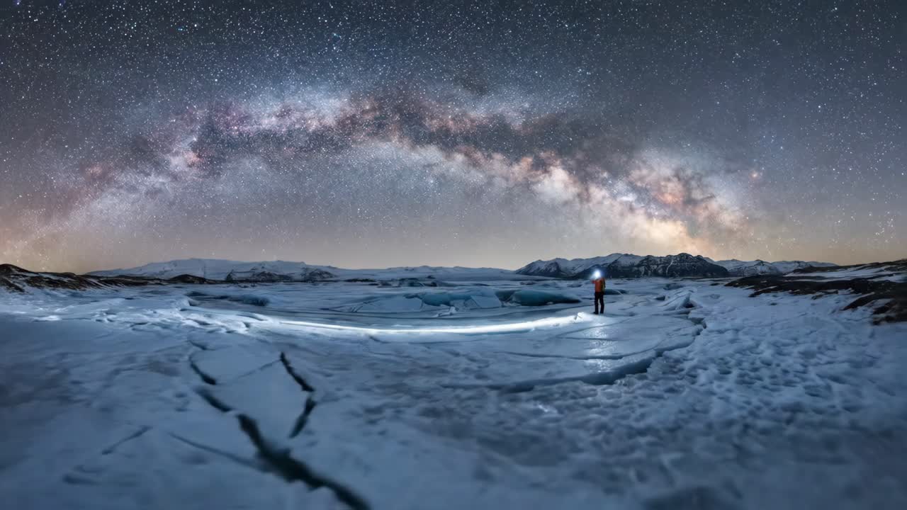 Avventuriero che illumina un paesaggio ghiacciato sotto la Via Lattea di notte