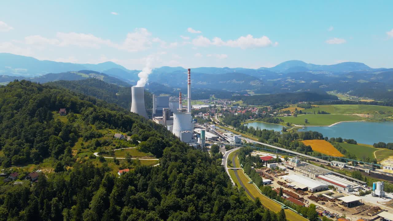Aerial drone 4K drone footage view of &Scaron;ale&scaron;ka dolina, and Thermal Power plant in operation &ndash; &Scaron;o&scaron;tanj in Slovenia