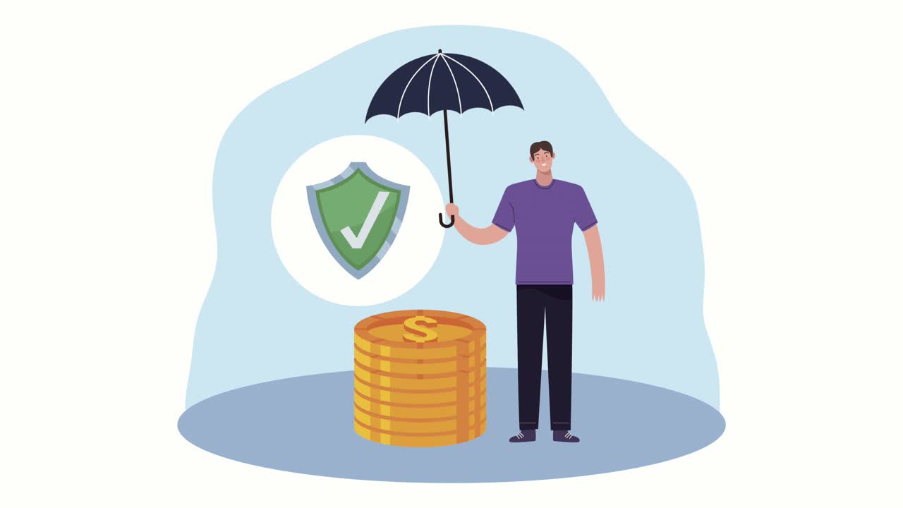 insurance service man and umbrella with coins