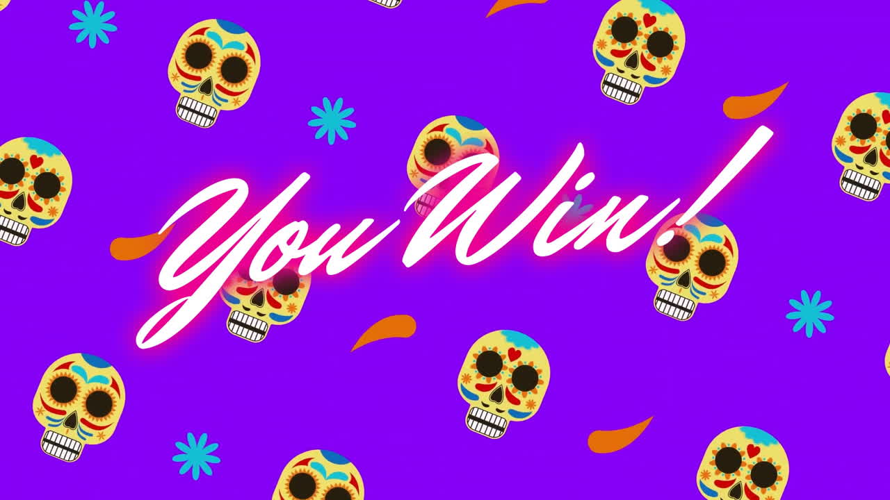 On vibrant purple background, colorful sugar skulls with animation saying You Win!