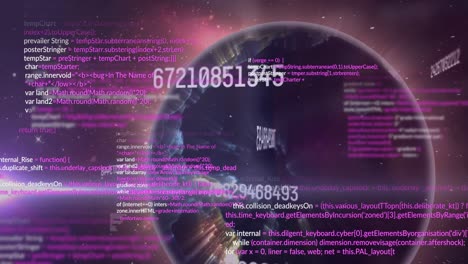 animación de números cambiantes con lenguaje informático sobre un globo giratorio contra el espacio