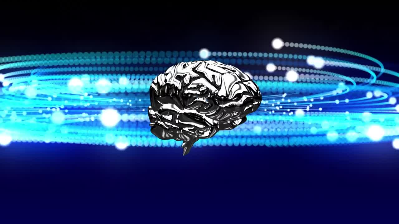 icono del cerebro humano girando contra los senderos de luz brillante azul sobre fondo azul
