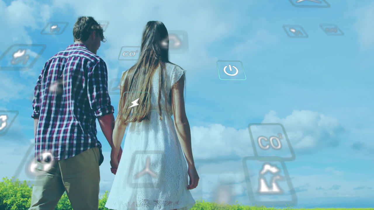 animación de la red de iconos ecológicos sobre una pareja caucásica en el viñedo