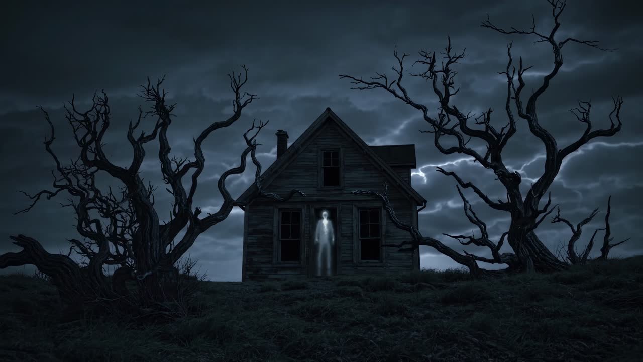 Eerie scene unfolds as ghostly figure emerges from darkened house surrounded by twisted trees under ominous stormy sky, creating a haunting atmosphere of suspense and mystery