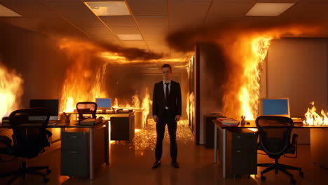 man standing calmly in a burning office