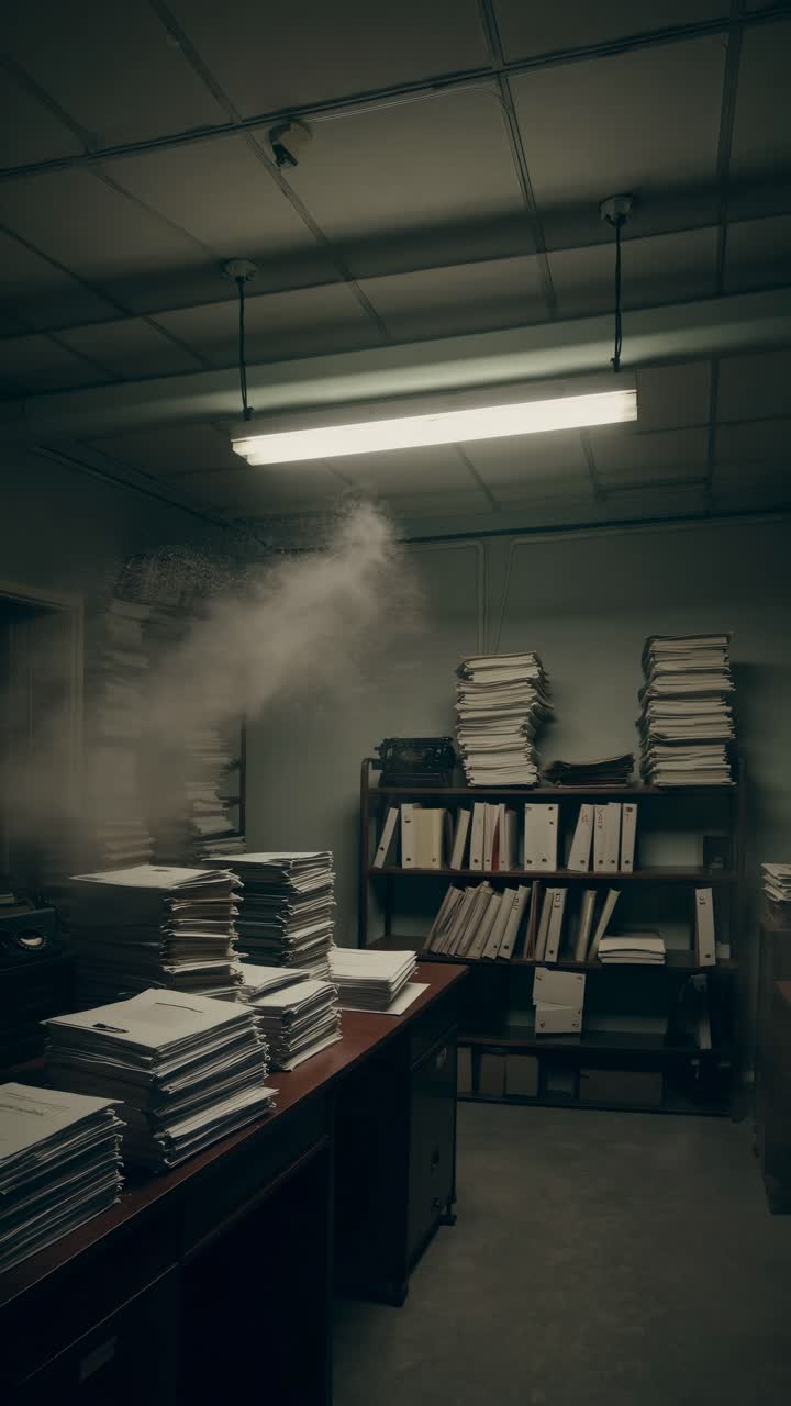 Dimly lit office with stacks of papers on desks and shelves, captured from a low angle