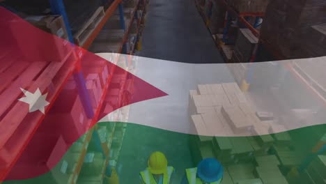 Animation-of-flag-of-jordan-over-diverse-workers-in-warehouse