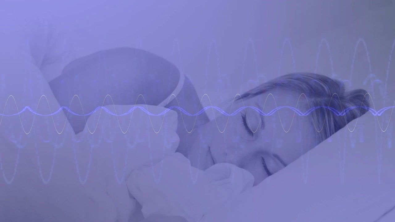 Mulher dormindo deitada na cama, respirando para monitoramento de saúde, com forma de onda translúcida pulsando.