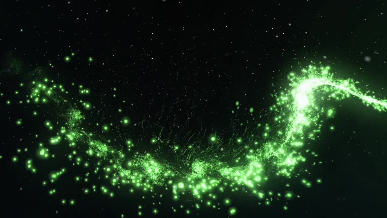 입자를 하는 동안 모든 방향으로 날아가는 초록색 빛