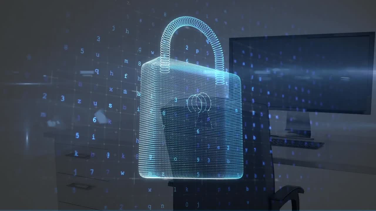 animación de candados digitales y números en las computadoras de la oficina