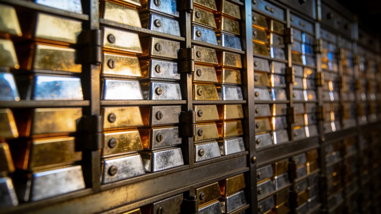 Panning camera revealing storage rack in vault, showing gold and silver ingots, emphasizing scale