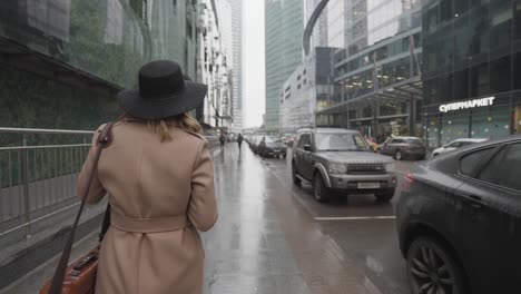 woman walking in a city on a rainy day