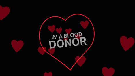 animation of im a blood donor month over red hearts on black background