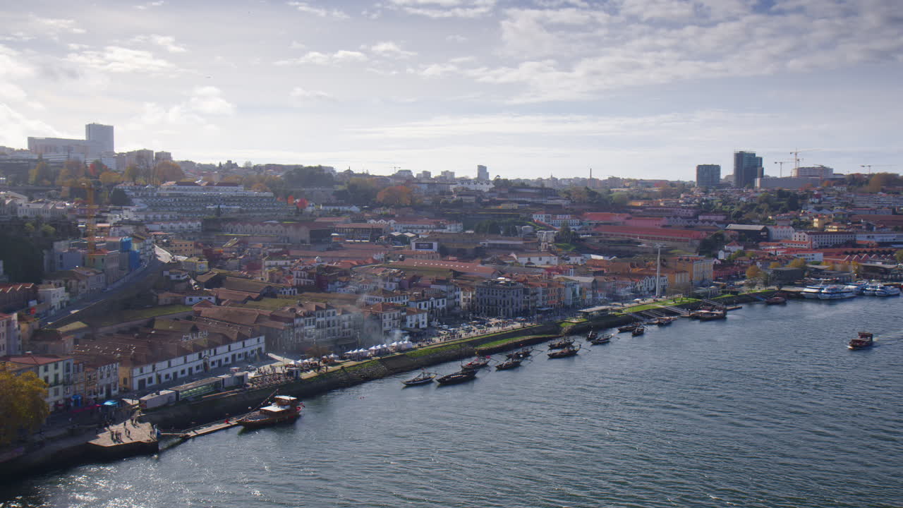 City Of Vila Nova de Gaia On The South Bank Of Douro River In Portugal. Elevated wide shot