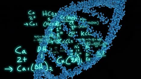 Animation-of-mathematical-equations-over-dna-strand-on-black-background