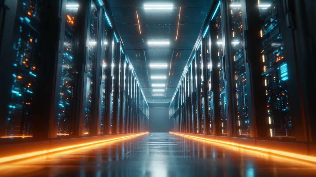 A Futuristic Data Center Corridor Illuminated by Soft Orange Lights and High-Tech Server Racks, Showcasing Advanced Network Architecture and Design Innovations
