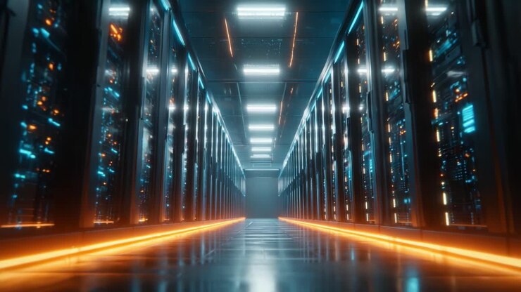 A Futuristic Data Center Corridor Illuminated by Soft Orange Lights and High-Tech Server Racks, Showcasing Advanced Network Architecture and Design Innovations