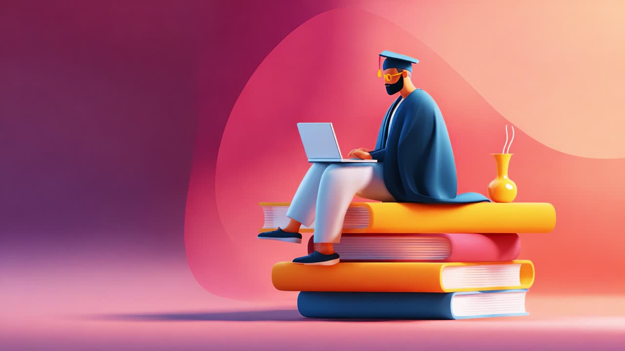 A Graduate Deep in Study: Exploring Knowledge and Creativity on a Stack of Colorful Books While Using a Laptop in a Modern Artistic Setting