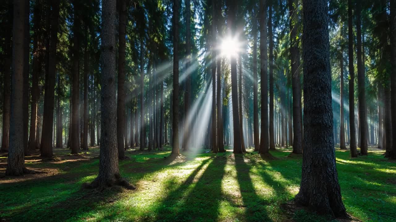 The Enigmatic Dance of Sunlight Shimmering Through a Dense Forest, Casting Intriguing Shadows Upon the Lush Green Forest Floor