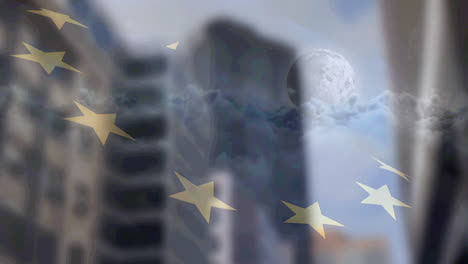 animation of european union flag over office buildings