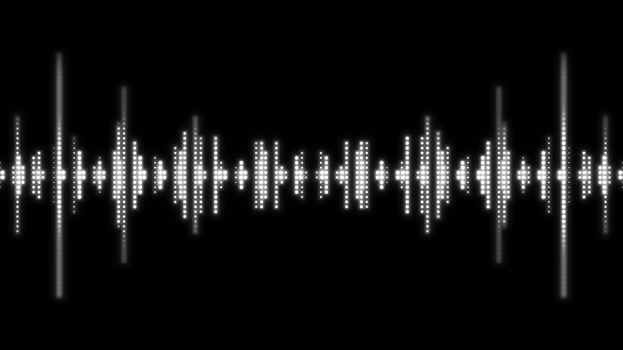Glowing sound wave motion visual with bright white equalizer dots deep black space and rhythmic